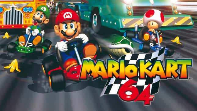 Mario, Luigi, and Toad are seen driving on a road covered in banana peels. Wario is also here in the background.
