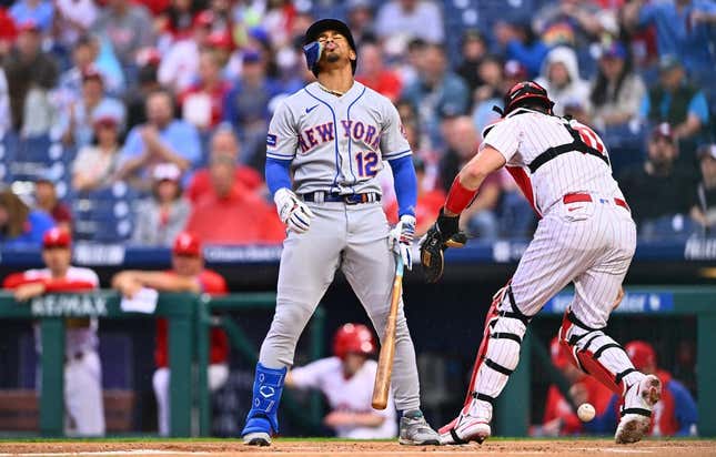 Jun 23, 2023; Philadelphia, Pennsylvania, USA; New York Mets shortstop Francisco Lindor (12) reacts after striking out against the Philadelphia Phillies in the first inning at Citizens Bank Park.