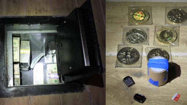 On the left is a floor safe with stacked money in cellophane wrappers, and on the right is several gold bitcoins in plastic wrappings.