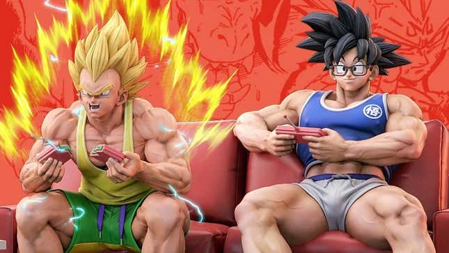 Goku and Vegeta sit on a couch playing games. 