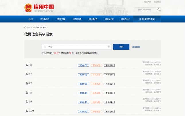 A search for ”马云” on Credit China should bring up Alibaba founder Jack Ma, but it doesn’t.