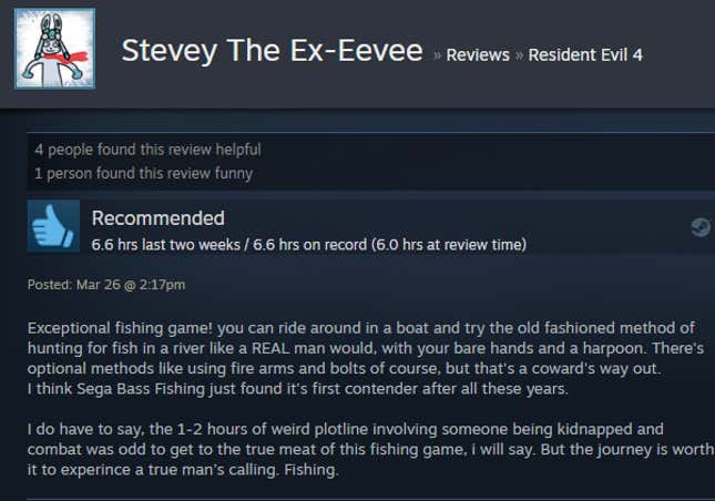 A screenshot of a Steam user text review for the game Resident Evil 4.