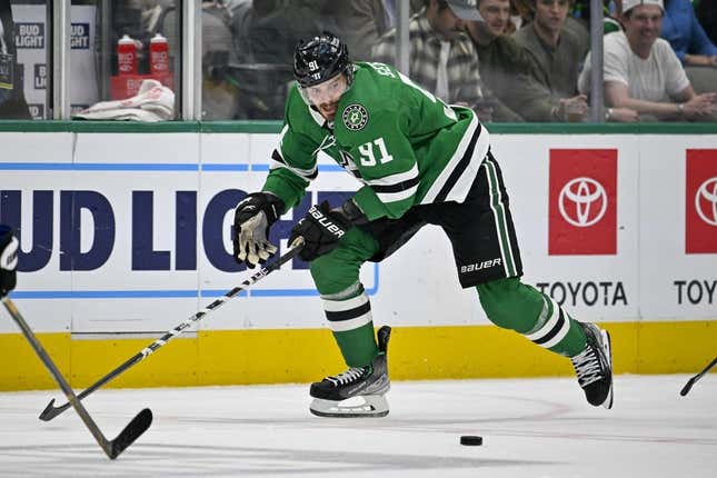 Mar 23, 2023; Dallas, Texas, USA; Dallas Stars center Tyler Seguin (91) in action during the game between the Dallas Stars and the Pittsburgh Penguins at American Airlines Center.