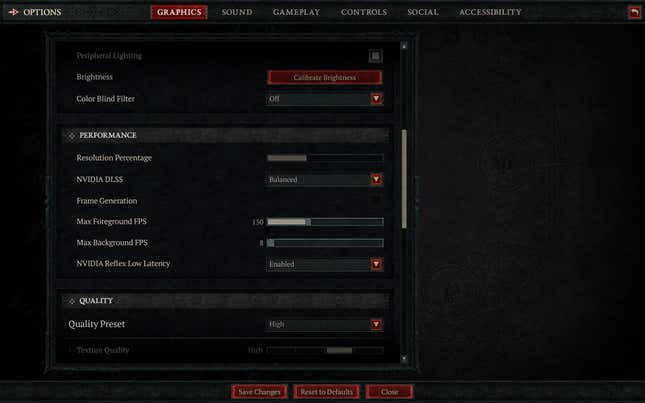 A menu in Diablo IV shows graphics settings for the PC version.
