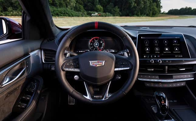 The black interior of the 2023 Cadillac CT5-V Blackwing as seen from the driver's seat