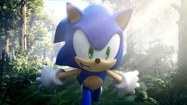 Sonic runs through a sunny forest. 