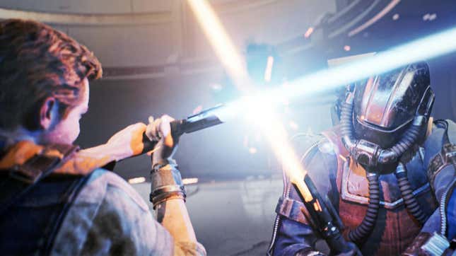 A Jedi duels a pilot with a lightsaber.