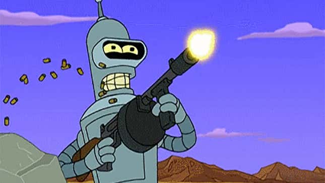Bender from Futurama, holding a machine gun, firing it as bullet shells fly out the back.