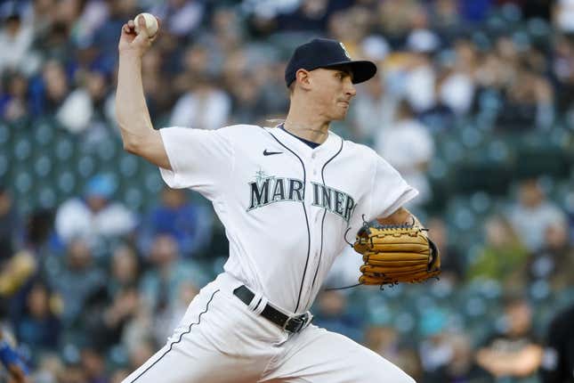 May 9, 2023; Seattle, Washington, USA; Seattle Mariners starting pitcher George Kirby (68) throws against the Texas Rangers during the third inning at T-Mobile Park.