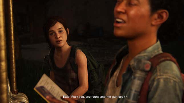 Ellie says to Riley, "Fuck you, you found another pun book?" while both ride a carousel in a moment from the game The Last of Us: Left Behind.
