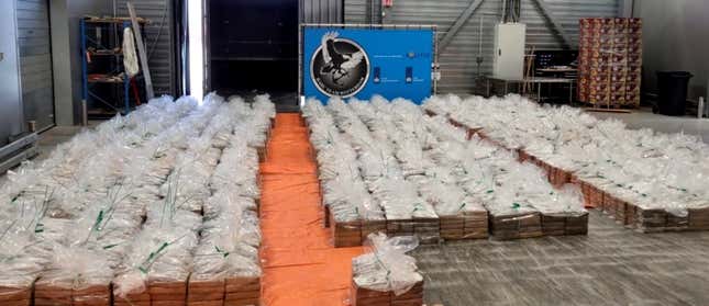 FILE - This file picture provided on Aug. 10, 2023 by the Rotterdam Public Prosecution Service shows 8,000 kilograms (17,637 pounds) of cocaine in Rotterdam, Netherlands. Customs authorities in the Netherlands said on Aug. 10 they intercepted a shipment of more than 8,000 kilograms (17,637 pounds) of cocaine at the Port of Rotterdam, and according to prosecutors, the drugs were discovered hidden in a container of bananas from Ecuador on July 13. (Openbaar Ministerie, Netherlands Public Prosecution Service via AP, File)