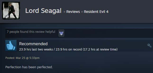 A screenshot of a Steam user text review for the game Resident Evil 4.