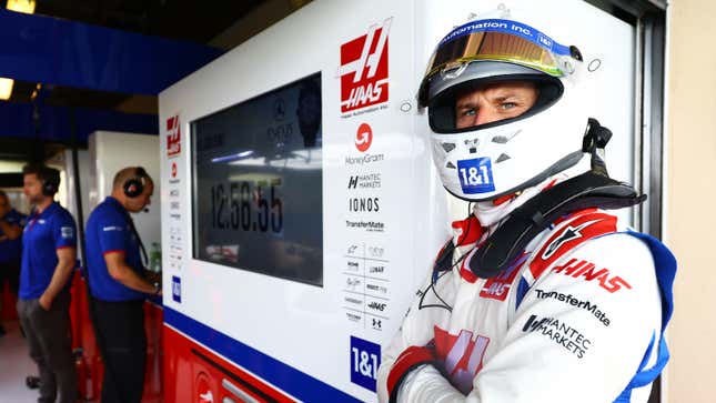 A photo of Nico Hulkenberg in his Haas race suit. 