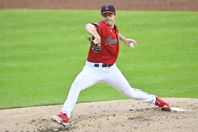 Sep 2, 2023; Cleveland, Ohio, USA; Cleveland Guardians starting pitcher Logan Allen (41) delivers against the Tampa Bay Rays in the second inning at Progressive Field.