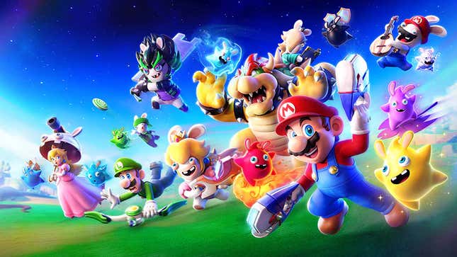 A promo image of Mario + Rabbids showing Mario, Bowswer, Luigi and others running together.