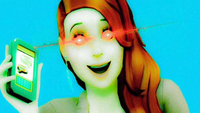 The Sims 4's "Ring Ring Girl," a red-haired, blue-eyed Sim excitedly displaying her cell phone, with green-tinged skin and red laser eyes.