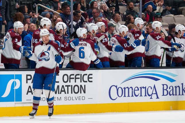 Apr 6, 2023; San Jose, California, USA; Colorado Avalanche right wing Mikko Rantanen (96) celebrates with teammates  after scoring a hat trick during the second period against the San Jose Sharks at SAP Center at San Jose.