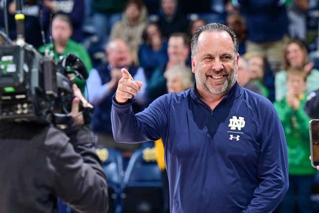 Mar 1, 2023; South Bend, Indiana, USA; Notre Dame Fighting Irish head coach Mike Brey enters the Purcell Pavilion before the game against the Pittsburgh Panthers.