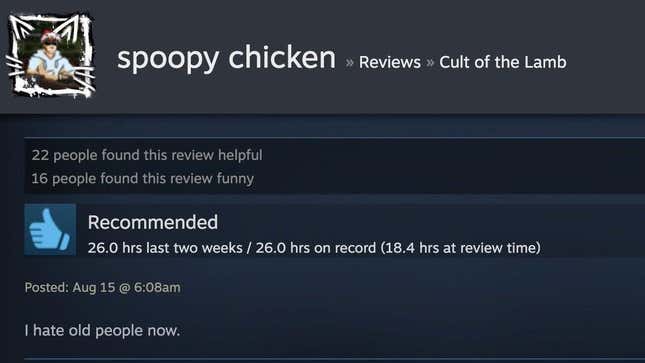A Steam user reviews the game Cult of the Lamb.