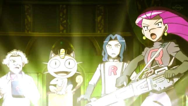 Jessie, Meowth, and random Team Rocket members are shocked by a glowing object.