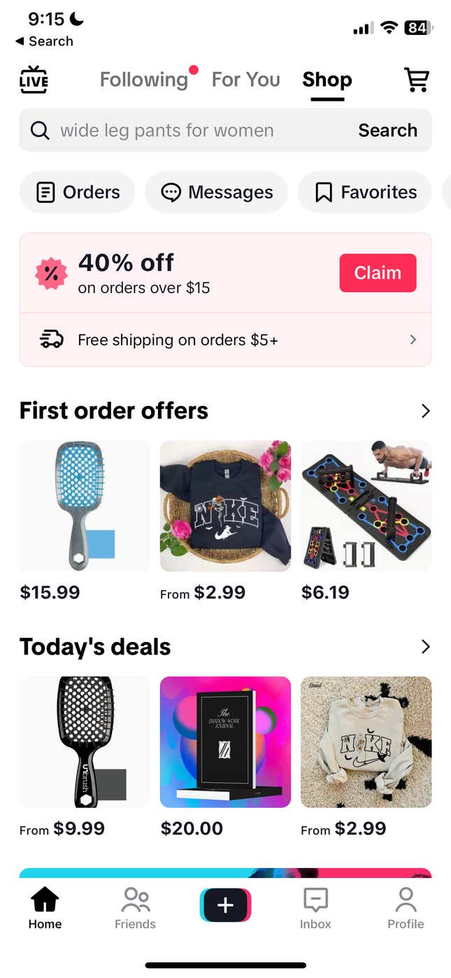 A screenshot of the TikTok shop showing two brushes and two sweatshirts among other items