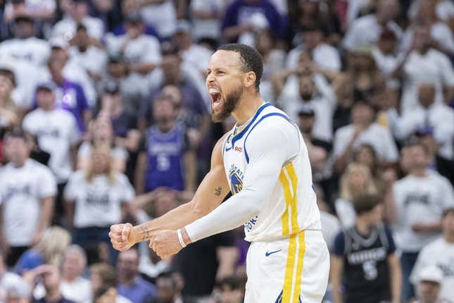 April 30, 2023; Sacramento, California, USA; Golden State Warriors guard Stephen Curry (30) celebrates against the Sacramento Kings during the third quarter in game seven of the 2023 NBA playoffs first round at Golden 1 Center.