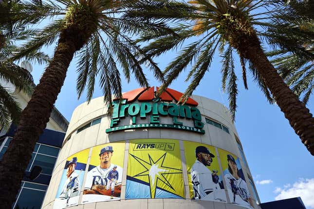 March 30, 2023;  St. Petersburg, Florida, USA;  A general view of the exterior of Tropicana Field on Opening Day against the Tampa Bay Rays and Detroit Tigers.