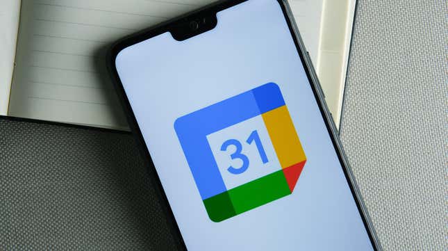 Decorative image of an iPhone showing the google calendar app