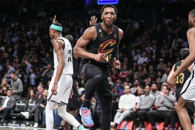 Mar 23, 2023; Brooklyn, New York, USA; Cleveland Cavaliers guard Donovan Mitchell (45) reacts after being called for a foul in the third quarter against the Brooklyn Nets at Barclays Center.
