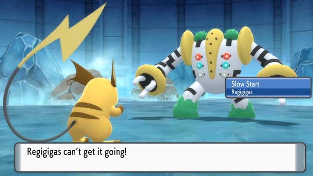 Raichu est montré face à Regigigas, qui "je n'arrive pas à le faire démarrer."
