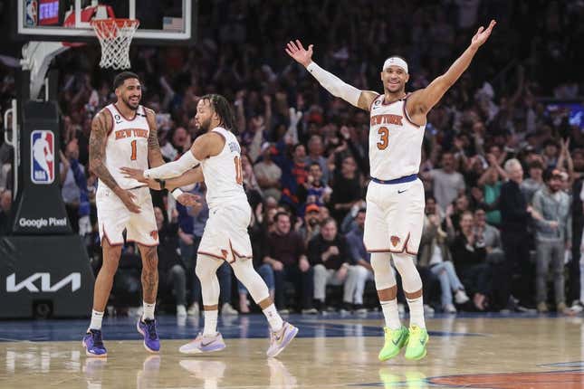 Apr 23, 2023; New York, New York, USA; New York Knicks forward Obi Toppin (1), and guards Jalen Brunson (11) and  Josh Hart (3) celebrates during game four of the 2023 NBA playoffs against the Cleveland Cavaliers at Madison Square Garden.