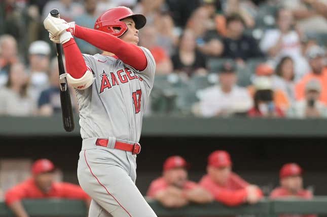 May 15, 2023; Baltimore, Maryland, USA;  Los Angeles Angels starting pitcher Shohei Ohtani (17) hits a three run home run against the Baltimore Orioles in the third inning at Oriole Park at Camden Yards.