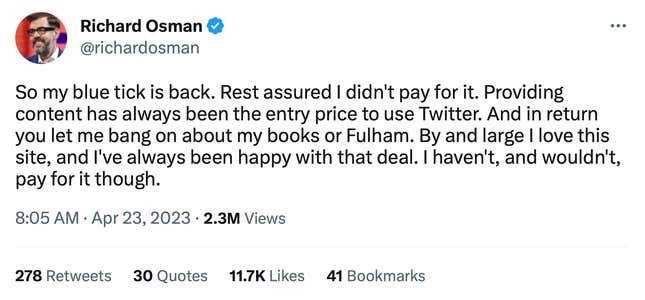 Author Richard Osman says he didn't pay for his blue checkmark.