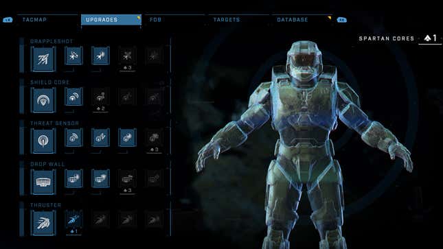 Master Chief stands with arms wide open next to Halo Infinite's upgrade menu.