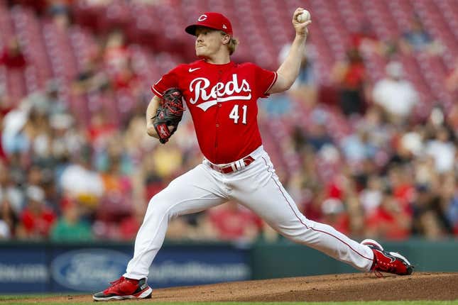 Jun 5, 2023; Cincinnati, Ohio, USA; Cincinnati Reds starting pitcher Andrew Abbott (41) pitches against the Milwaukee Brewers in the first inning at Great American Ball Park.
