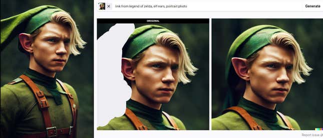 Three images shows how an AI image creator instructs the AI to take another pass at creating a character’s hat.