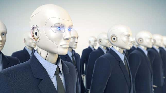 A group of robots wearing suits.