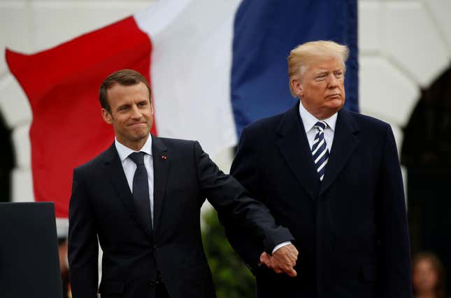Trump and Macron attend an arrival ceremony at the White House on April 24, 2018.