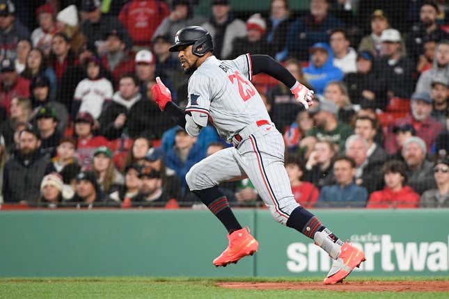 Apr 18, 2023; Boston, Massachusetts, USA; Minnesota Twins designated hitter Byron Buxton (25) runs against the Boston Red Sox during the fifth inning at Fenway Park.