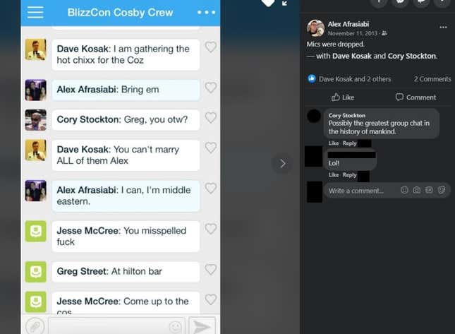 A screenshot of a text chat conversation between Alex Afrasiabi and other current and former Blizzard developers.