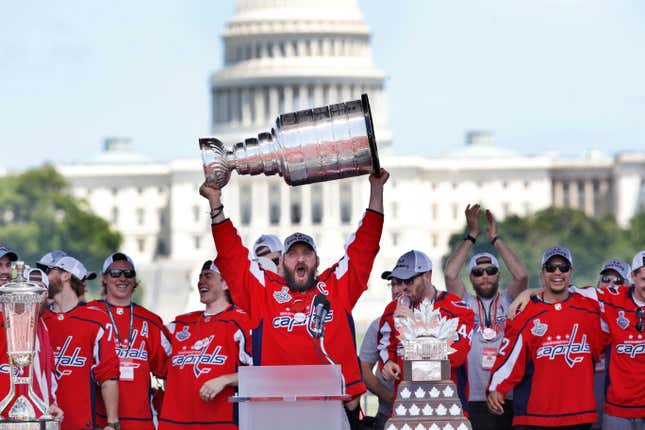 After winning the Stanley Cup last year, the Washington Capitals wore gear at their parade, including the hats here, made exclusively by Fanatics.