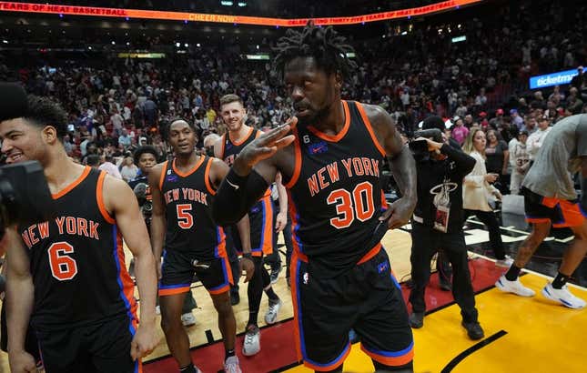 Mar 3, 2023; Miami, Florida, USA;  New York Knicks forward Julius Randle (30) salutes the victory over the Miami Heat after his last second shot gave the Knicks the win at Miami-Dade Arena.