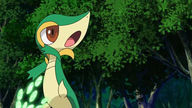 Snivy is seen jumping in the air in a forest area while preparing an attack.