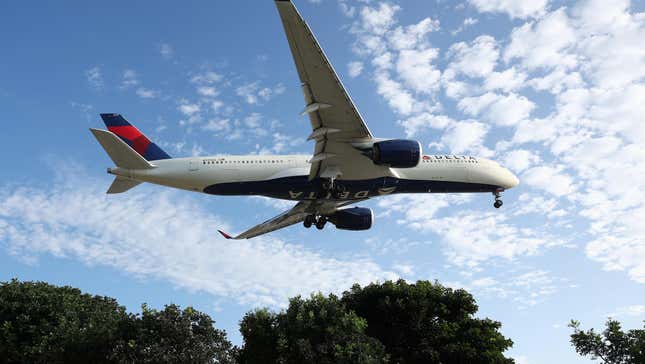 A Delta Airlines plane landing from a park next to Los Angeles International Airport (LAX) on August 31, 2023 in Los Angeles, California.