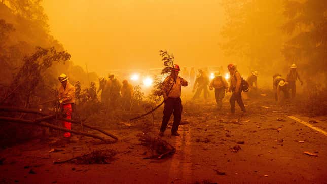 Firefighters battling the Dixie Fire clear Highway 89 after a burned tree fell across the roadway in Plumas County. August 6, 2021