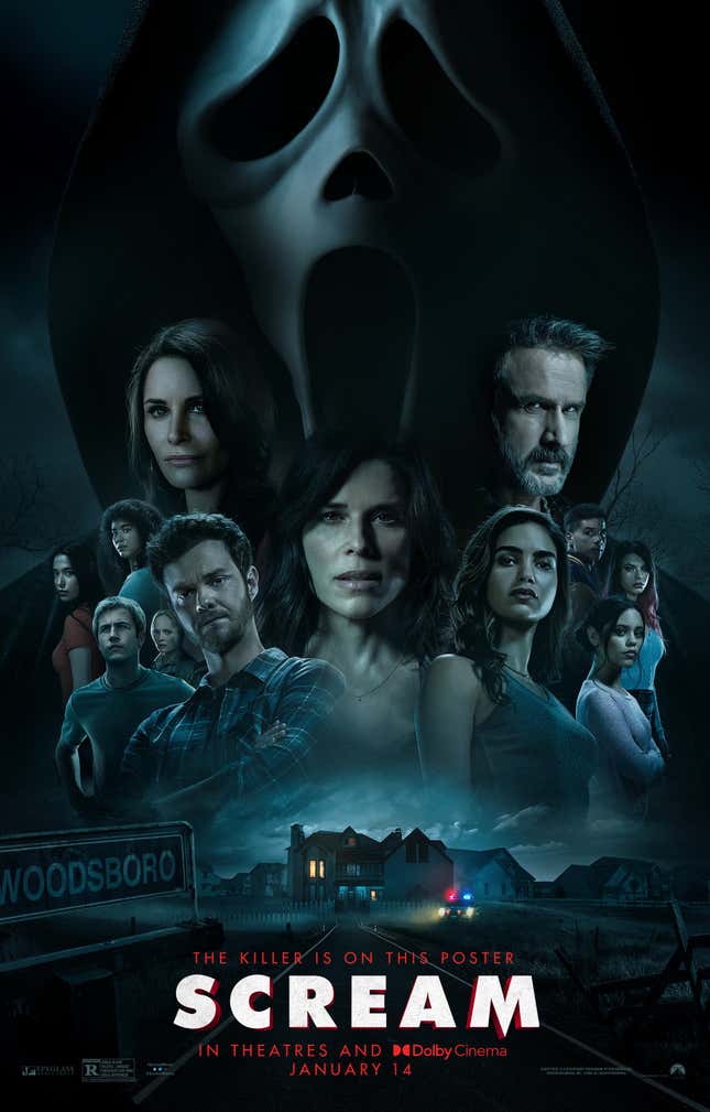 The cast of Scream with Ghostface looming over them.