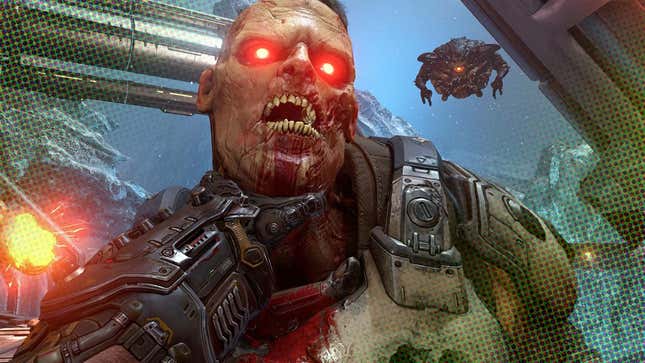 A large hand holds up a zombie by the neck in a futuristic-environment. 