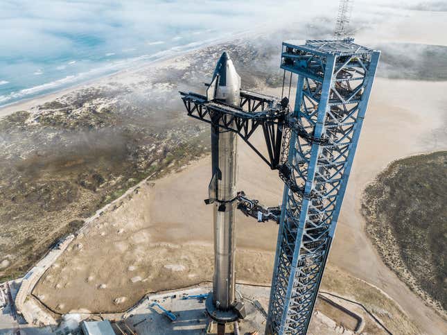 A view of the fully stacked Starship rocket, January 9, 2023,