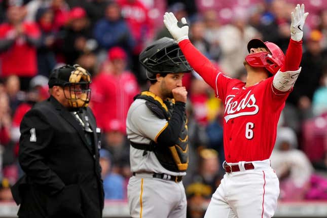 Cincinnati Reds second baseman Jonathan India (6) celebrates as he crosses home plate after hitting a solo home run in the first inning of a baseball game between the Pittsburgh Pirates and the Cincinnati Reds, Saturday, April 1, 2023, at Great American Ball Park in Cincinnati.
Pittsburgh Pirates At Cincinnati Reds April 1 0070