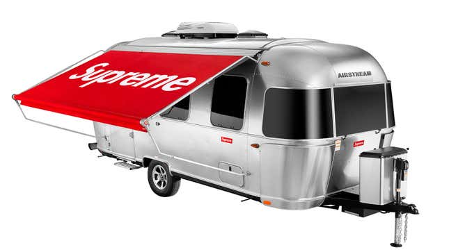 A photo of the exterior of the Supreme-branded Airstream 